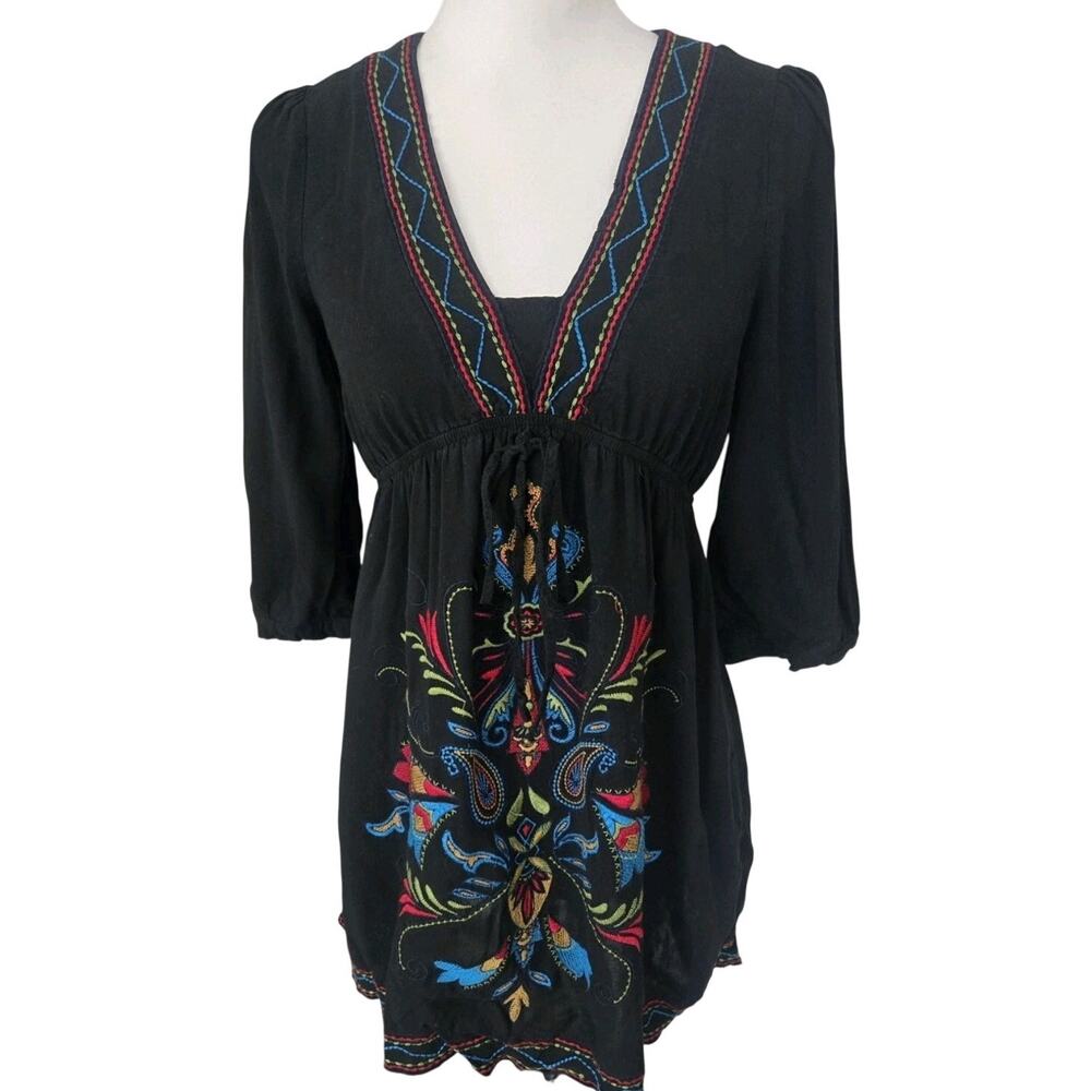 Boho Hippie Embroidered Paisley Empire Waist WD NY Blouse Top Shirt Sz M